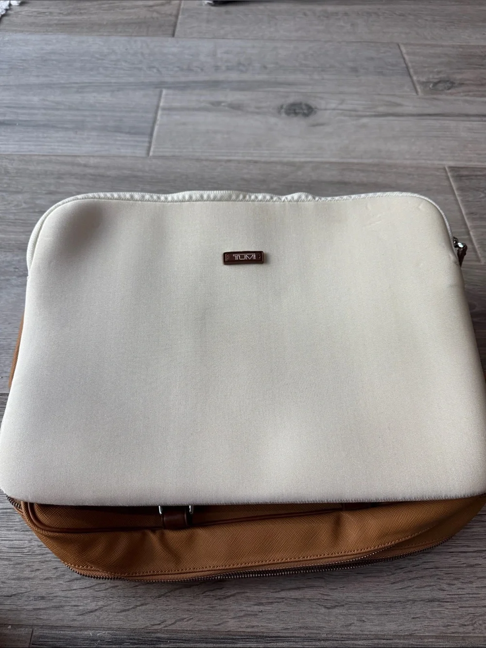 Tumi Two-Tone Tan and Brown Leather-Trim Satchel or laptop bag